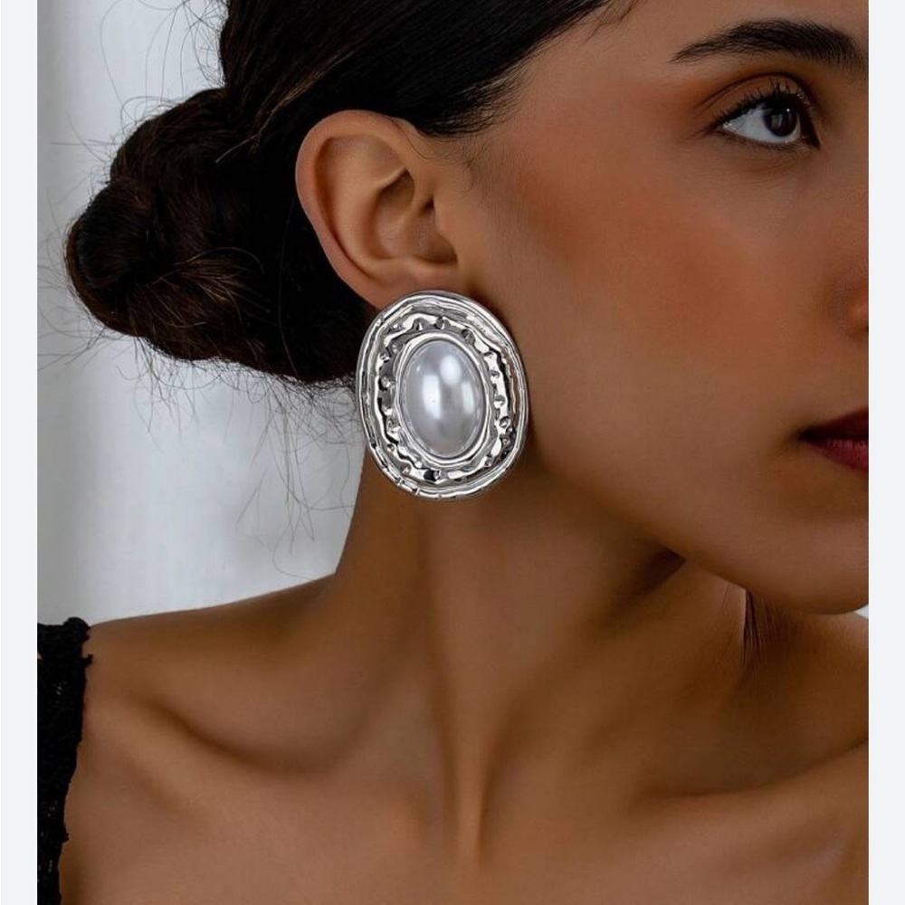 Silver Pearl Round Statement Earrings